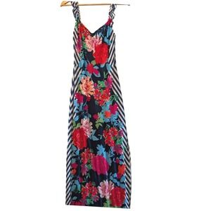 Silvergate Floral Striped Ruffle Strap Maxi Dress Navy Pink IDB501-BREP Medium
